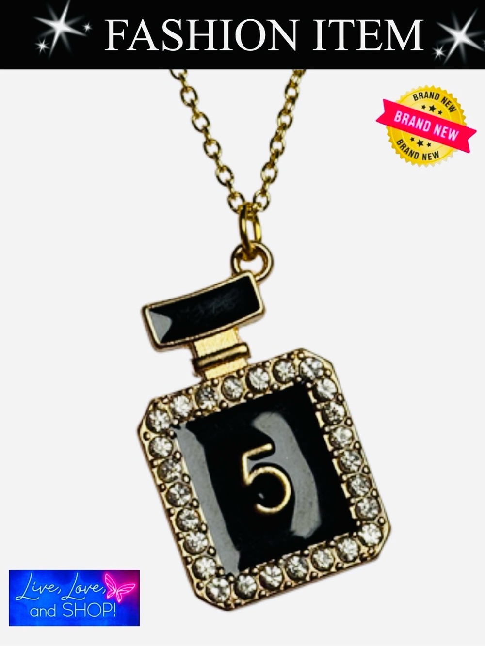 A-1DC-3: PENDANT & NECKLACE: Black Perfume Bottle w/Rhinestones & “5,” NWOT